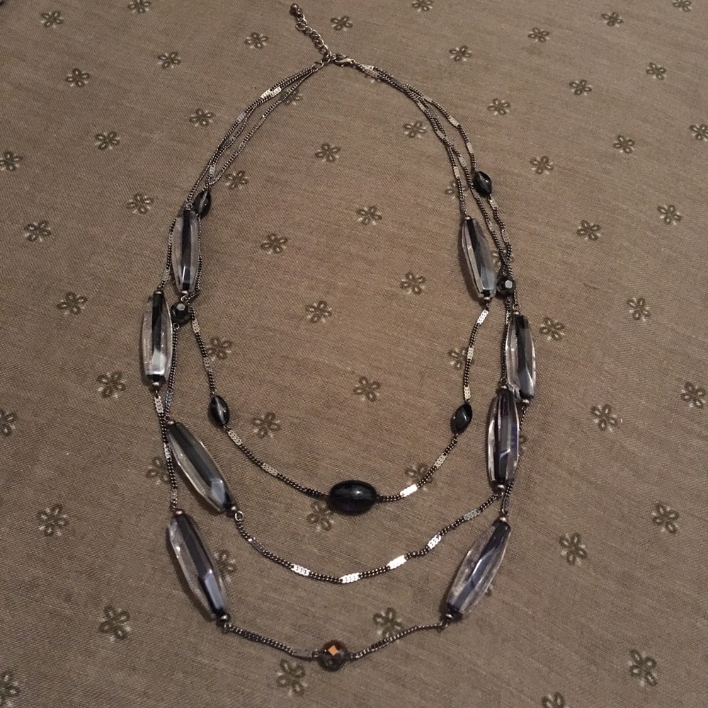 Vintage Black And Clear Beaded Silver Tone Layered Sweater Necklace